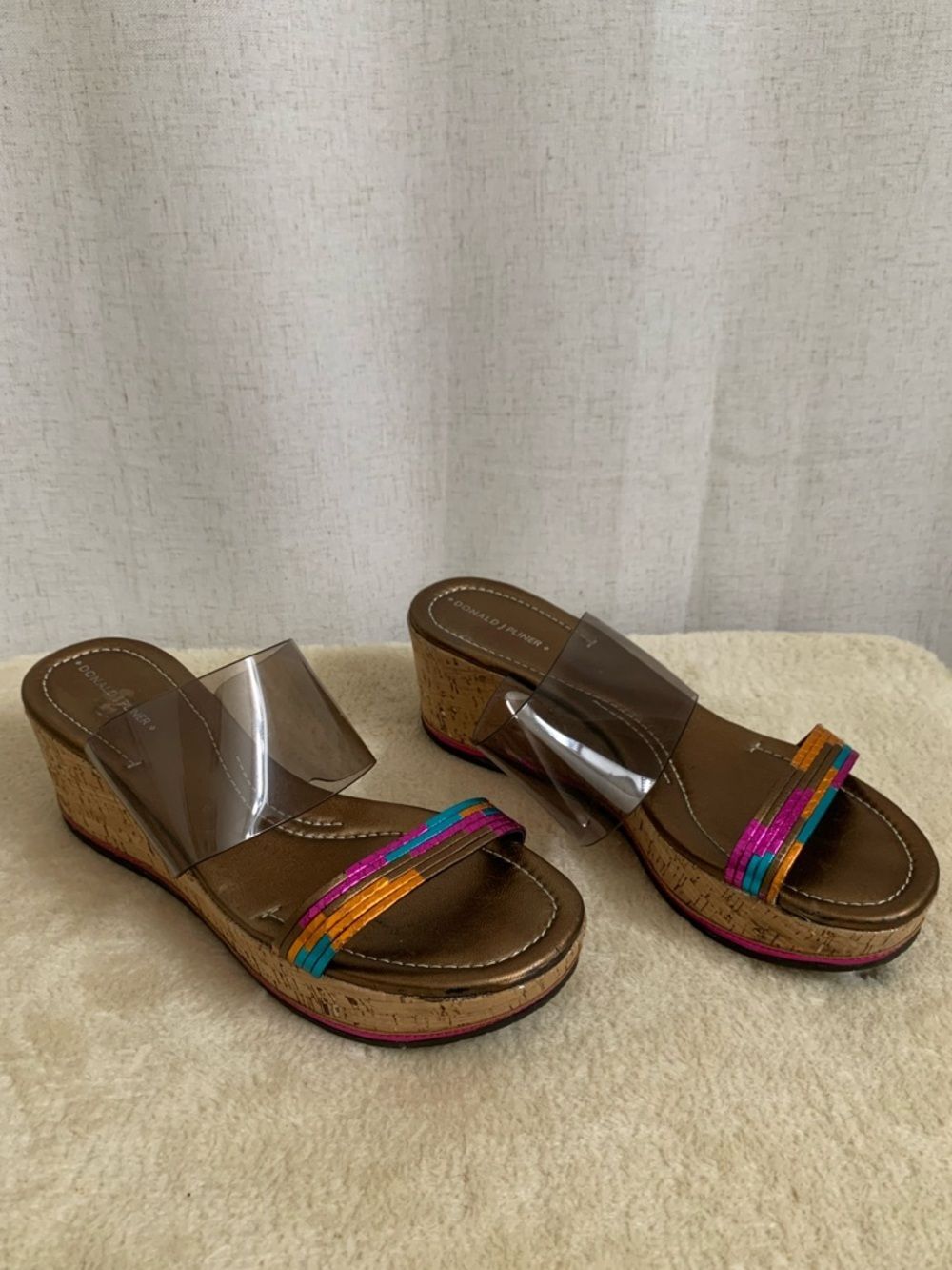 Donald J Pliner Sabrina Cork Rainbow Clear Strap Wedge Sandals Multicolor Accent
